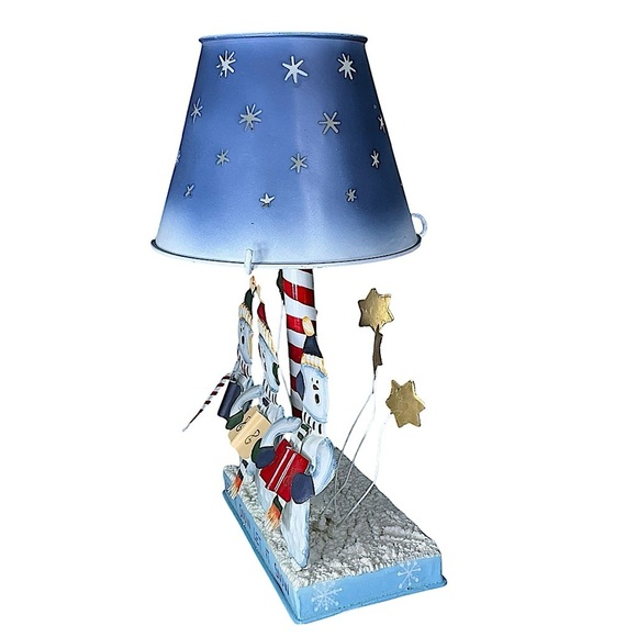 Vintage Tea Light Lamp Snowmen Caroling Pierced Metal Blue Shade Large 12 Inch - Picture 8 of 16